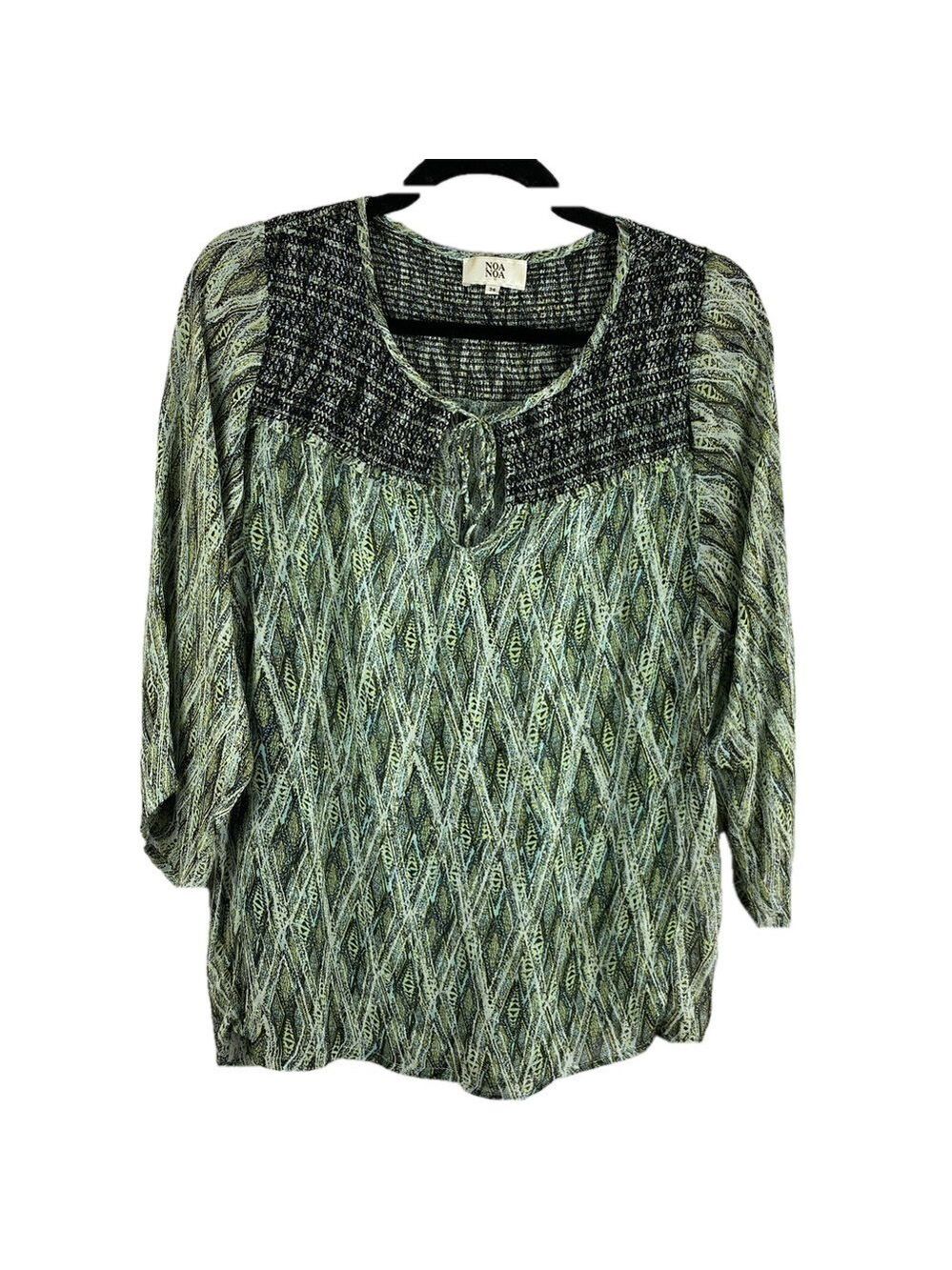 ✨3/$20✨Noa Noa Boho Peasant Blouse Green Patterned 3/4 Sleeve Size 36 Small